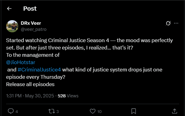 Image of X (formerly Twitter) where is a user commenting on criminal Justice season 4